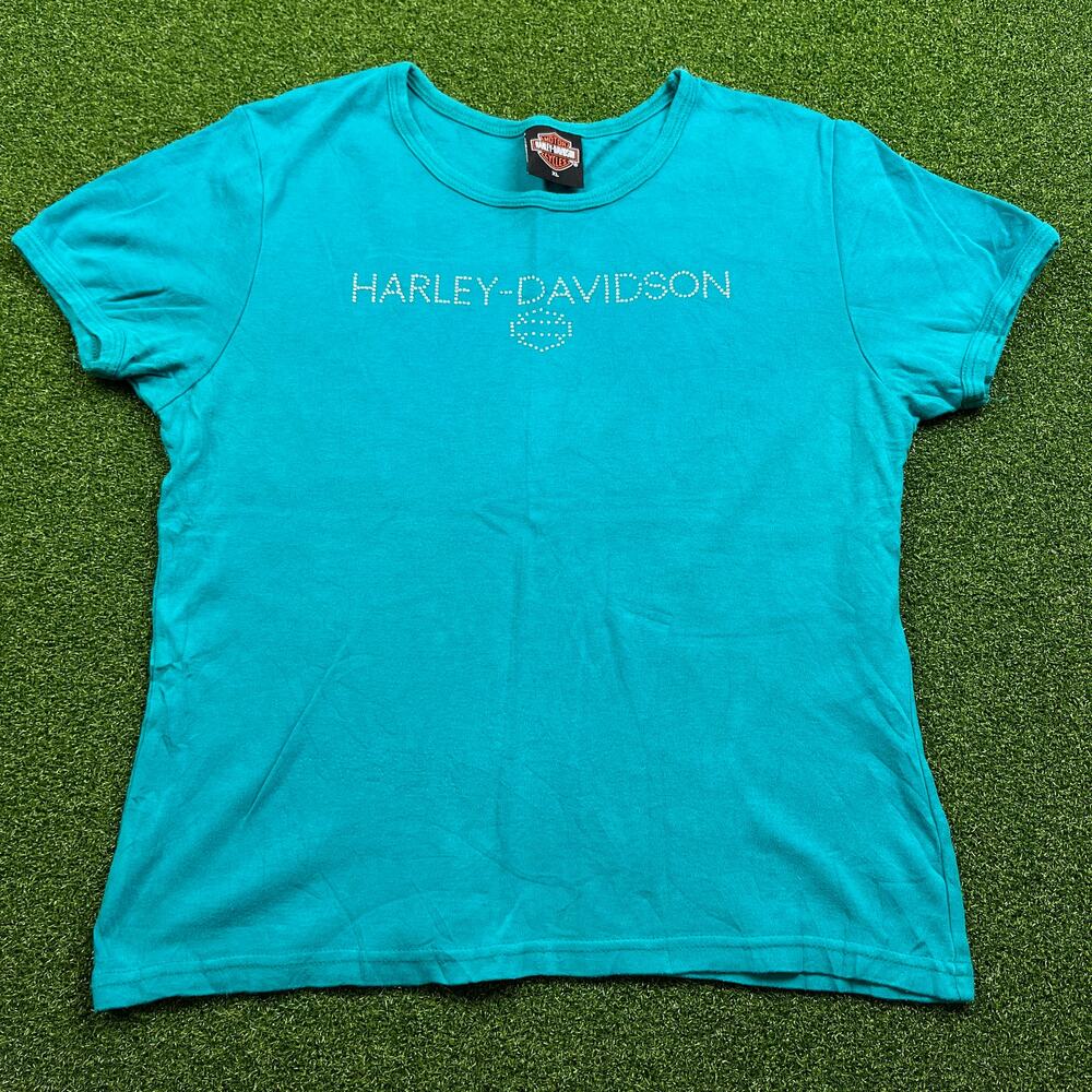 Y2K Harley Davidson Womens Blue Rhine Stone Spell Out Cap Sleeve Baby T Sz XL